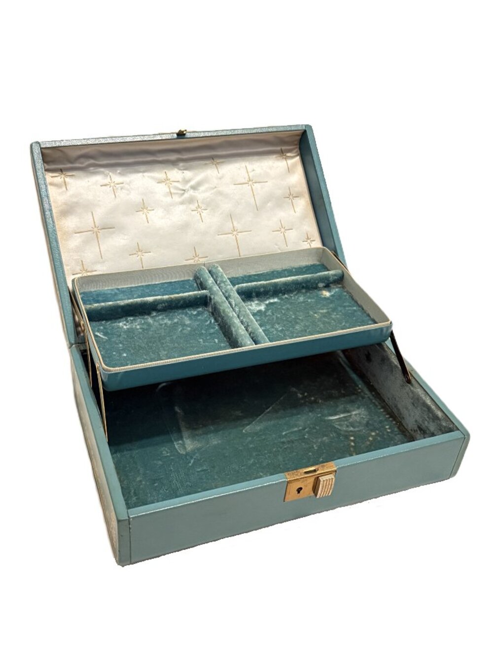 Vintage Farrington Jewelry Box Aqua With Brass Trim Mid Century Travel Case MCM